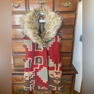 Tasha Polizzi Red and Brown Striped Vest with Faux Fur